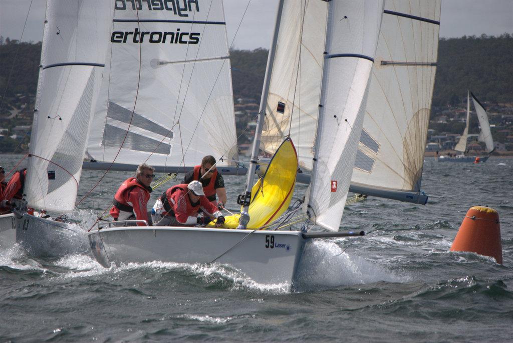 SB20s in close racingThe Fork in the Road and Intrigue racing down the Derwent © Peter Campbell